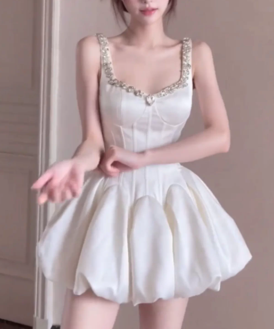 Elegant White Satin Corset Mini Rhinestone Square Neck A-Line Homecoming Dress DP8742