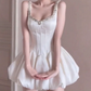 Elegant White Satin Corset Mini Rhinestone Square Neck A-Line Homecoming Dress DP8742