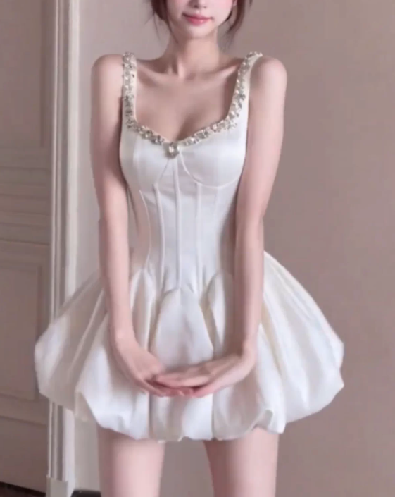 Elegant White Satin Corset Mini Rhinestone Square Neck A-Line Homecoming Dress DP8742