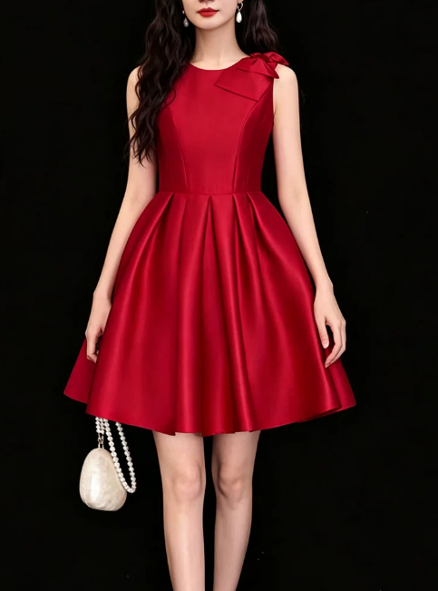 Elegant Red Satin Sleeveless Bow A-Line Homecoming Dress DP8743