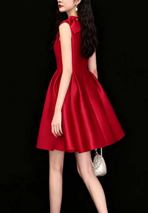 Elegant Red Satin Sleeveless Bow A-Line Homecoming Dress DP8743
