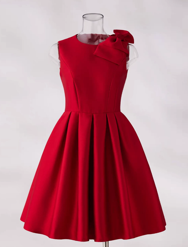 Elegant Red Satin Sleeveless Bow A-Line Homecoming Dress DP8743