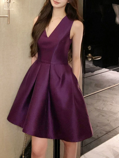 Elegant Purple Satin V-Neck A-Line Homecoming Dress DP8744