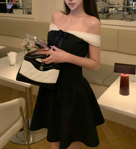 Elegant Black Off-the-Shoulder White Chiffon Ruffle Trim A-Line Homecoming Dress DP8745