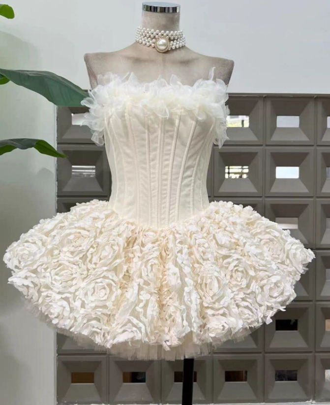 Elegant Cream 3D Rose Floral Strapless A-Line Homecoming Dress DP8747