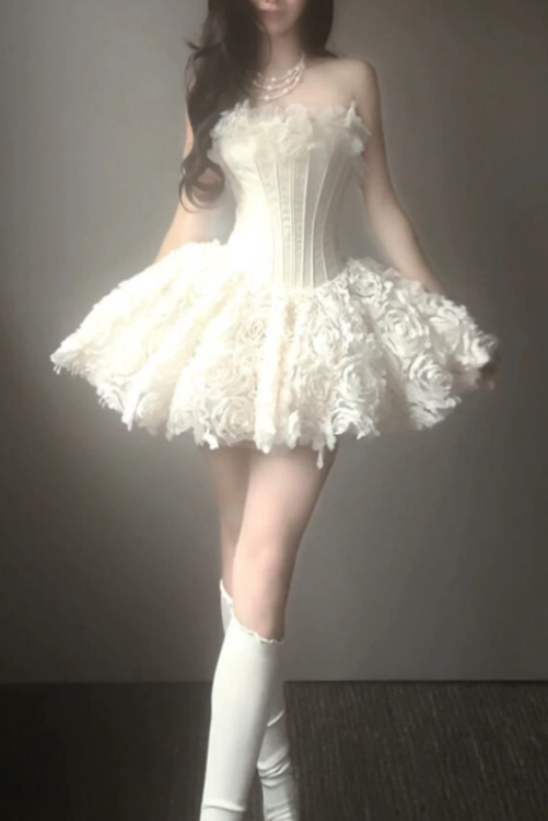 Elegant Cream 3D Rose Floral Strapless A-Line Homecoming Dress DP8747
