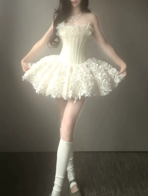 Elegant Cream 3D Rose Floral Strapless A-Line Homecoming Dress DP8747