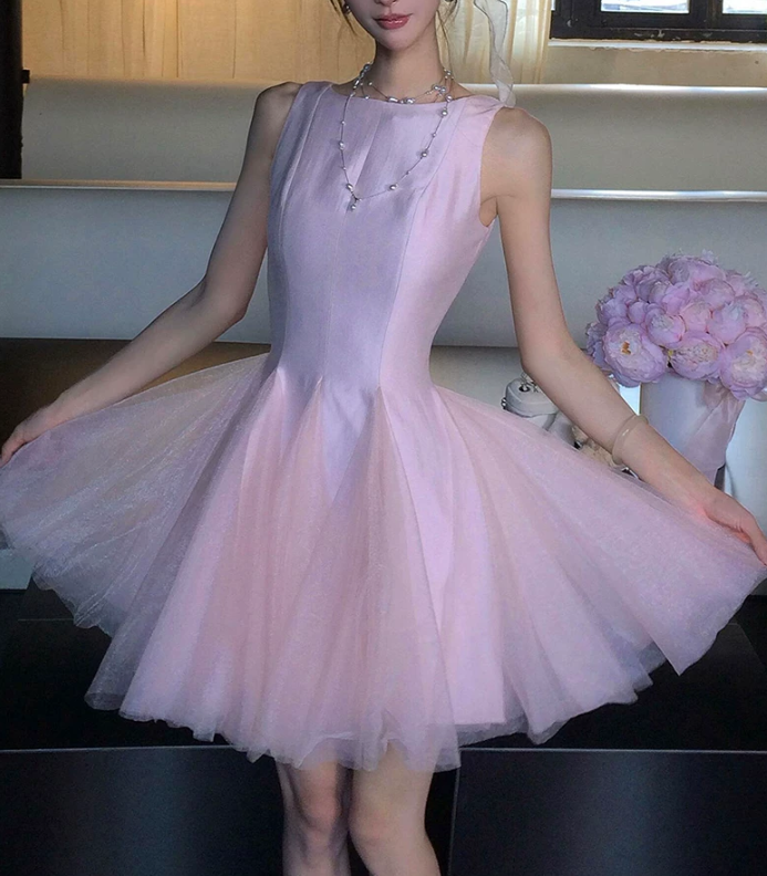 Elegant Pink Satin Tulle Sleeveless Boat Neck A-Line Homecoming Dress DP8748