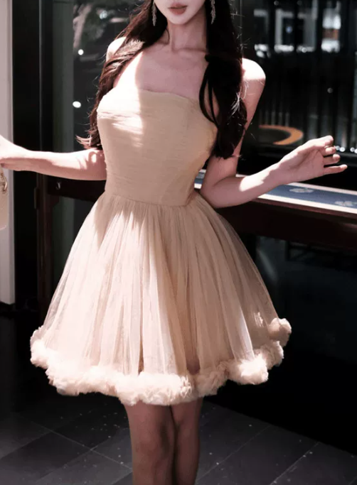 Elegant Champagne Strapless Tulle A-Line Homecoming Dress DP8749