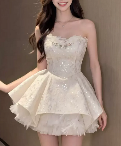 Elegant Ivory Lace Sequin Sweetheart Tulle A-Line Homecoming Dress DP8750