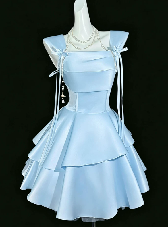 Vintage Light Blue Satin Square Neck Bow Tiered Ruffle A-Line Homecoming Dress DP8751