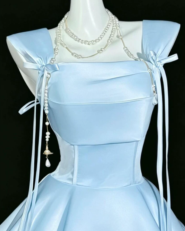 Vintage Light Blue Satin Square Neck Bow Tiered Ruffle A-Line Homecoming Dress DP8751