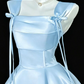 Vintage Light Blue Satin Square Neck Bow Tiered Ruffle A-Line Homecoming Dress DP8751