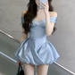 Vinatge Light Blue Satin Off-the-Shoulder Mini Bubble Puff A-Line Homecoming Dress DP8752