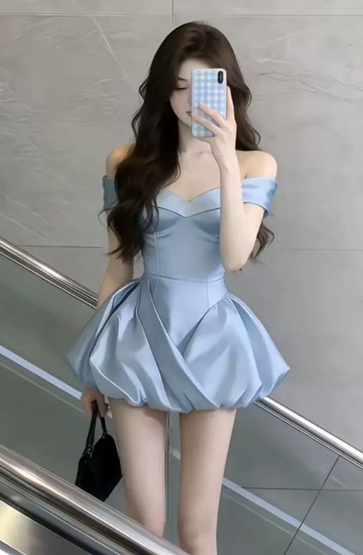 Vinatge Light Blue Satin Off-the-Shoulder Mini Bubble Puff A-Line Homecoming Dress DP8752