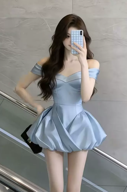 Vinatge Light Blue Satin Off-the-Shoulder Mini Bubble Puff A-Line Homecoming Dress DP8752