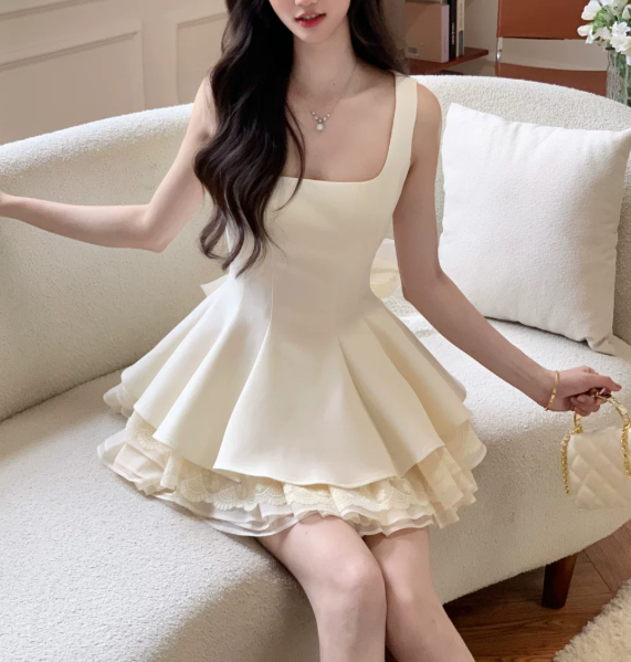 Vinatge Cream Square Neck Layered Lace A-Line Homecoming Dress DP8753