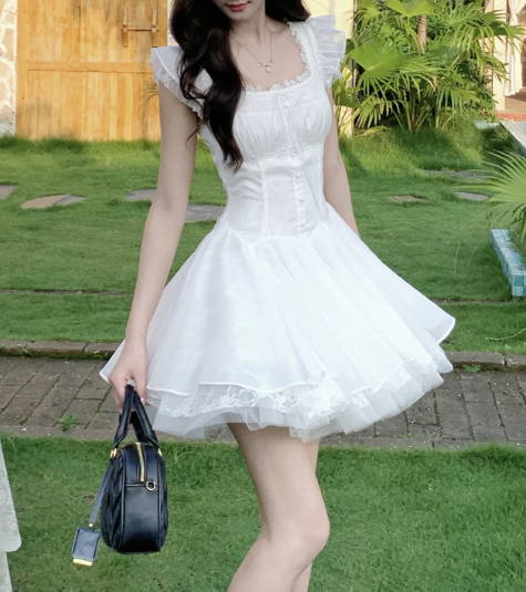 Vinatge White Square Neck Flutter Sleeve Corset Tulle A-Line Homecoming Dress DP8754