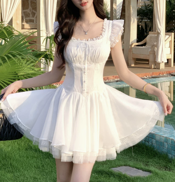 Vinatge White Square Neck Flutter Sleeve Corset Tulle A-Line Homecoming Dress DP8754