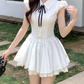 Cute White Collar Ruffle Cap Sleeve Bow Lace A-Line Homecoming Dress DP8757