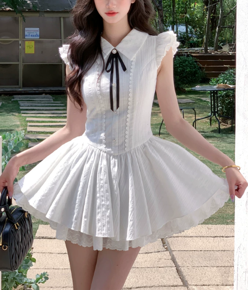 Cute White Collar Ruffle Cap Sleeve Bow Lace A-Line Homecoming Dress DP8757