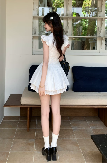 Cute White Collar Ruffle Cap Sleeve Bow Lace A-Line Homecoming Dress DP8757