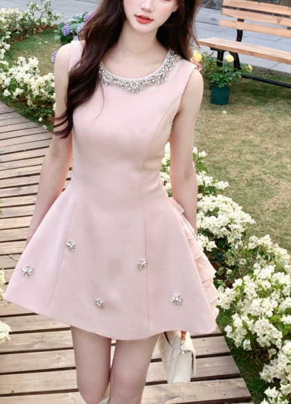 Cute Pink Sleeveless Rhinestone Round Neck Beaded 3D Floral A-Line Homecoming Dress DP8758