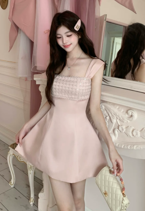 Cute Pink Sleeveless Rhinestone Round Neck Beaded 3D Floral A-Line Homecoming Dress DP8759