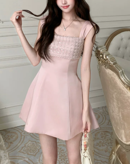 Cute Pink Sleeveless Rhinestone Round Neck Beaded 3D Floral A-Line Homecoming Dress DP8759