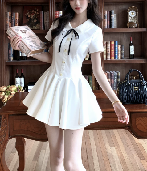 Cute White Collar Black Bow Short Sleeve Gold Button A-Line Homecoming Dress DP8760