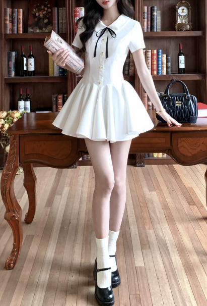 Cute White Collar Black Bow Short Sleeve Gold Button A-Line Homecoming Dress DP8760