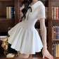 Cute White Collar Black Bow Short Sleeve Gold Button A-Line Homecoming Dress DP8760