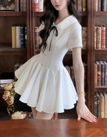 Cute White Collar Black Bow Short Sleeve Gold Button A-Line Homecoming Dress DP8760