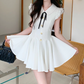 Cute White Collar Black Bow Short Sleeve Gold Button A-Line Homecoming Dress DP8760