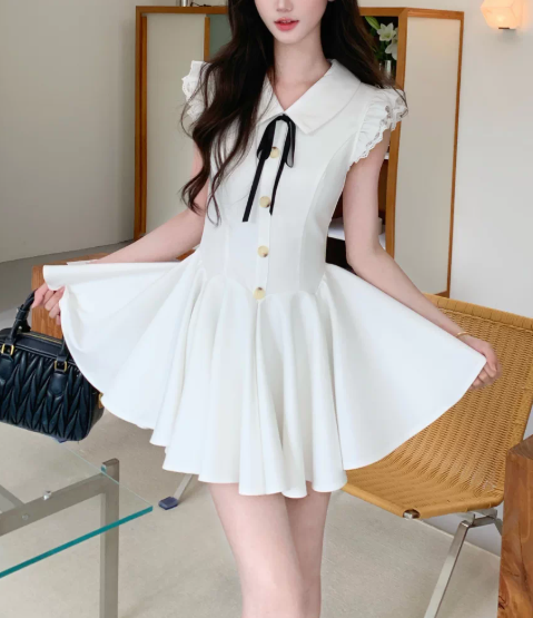 Cute White Collar Black Bow Short Sleeve Gold Button A-Line Homecoming Dress DP8760