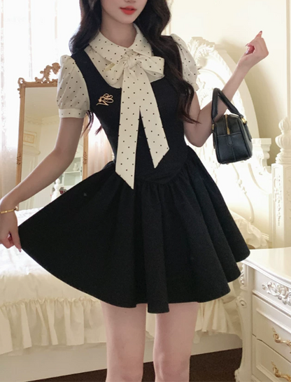 Preppy Polka Dot Bow Short Puff Sleeve A-Line Homecoming Dress DP8761