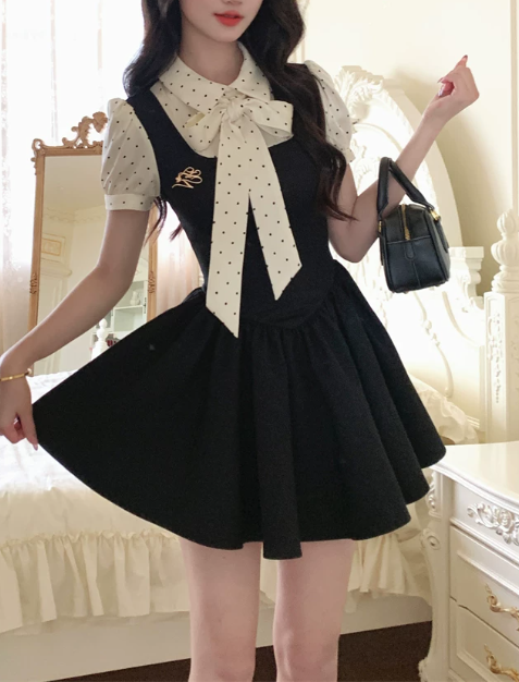 Preppy Polka Dot Bow Short Puff Sleeve A-Line Homecoming Dress DP8761