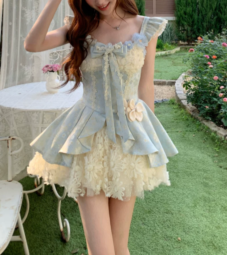 Cute Light Blue Floral Lace Bow Ruffled Tiered A-Line Homecoming Dress DP8762