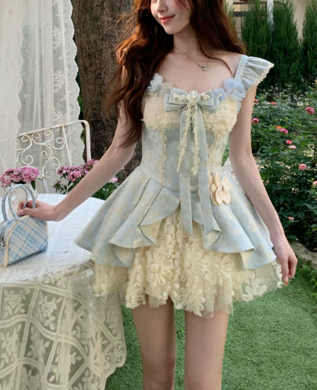 Cute Light Blue Floral Lace Bow Ruffled Tiered A-Line Homecoming Dress DP8762