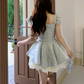 Cute Light Blue Floral Lace Bow Ruffled Tiered A-Line Homecoming Dress DP8762