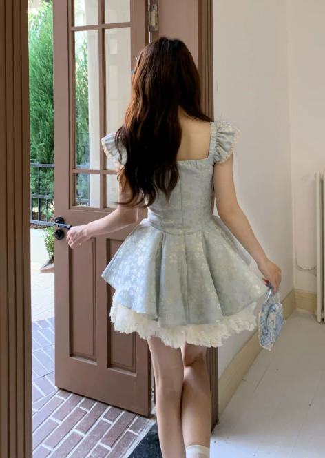 Cute Light Blue Floral Lace Bow Ruffled Tiered A-Line Homecoming Dress DP8762