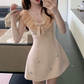 Cute Pink Ruffle V-Neck Bow Beaded Sleeveless A-Line Homecoming Dress DP8763