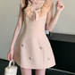 Cute Pink Ruffle V-Neck Bow Beaded Sleeveless A-Line Homecoming Dress DP8763
