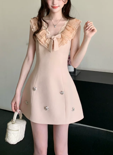 Cute Pink Ruffle V-Neck Bow Beaded Sleeveless A-Line Homecoming Dress DP8763