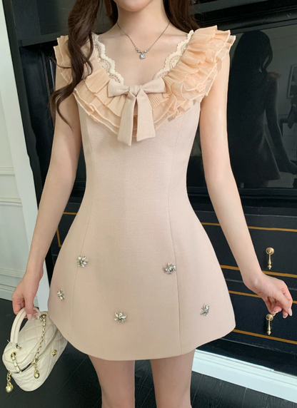 Cute Pink Ruffle V-Neck Bow Beaded Sleeveless A-Line Homecoming Dress DP8763