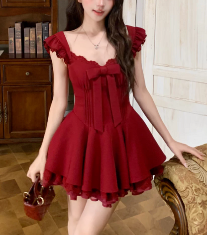 Cute Burgundy Ruffle Strap Bow Corset A-Line Lace Hem Homecoming Dress DP8764
