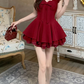 Cute Burgundy Ruffle Strap Bow Corset A-Line Lace Hem Homecoming Dress DP8764