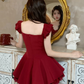 Cute Burgundy Ruffle Strap Bow Corset A-Line Lace Hem Homecoming Dress DP8764