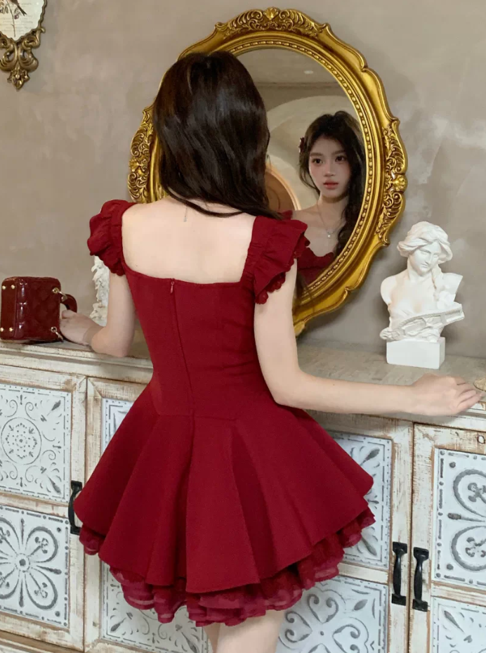Cute Burgundy Ruffle Strap Bow Corset A-Line Lace Hem Homecoming Dress DP8764