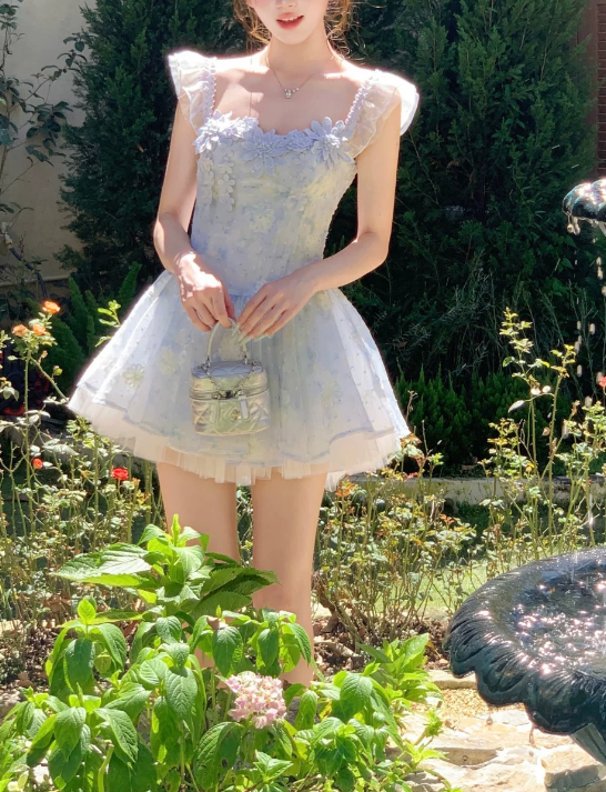 Cute Light Blue 3D Floral Tulle Ruffle Strap A-Line Homecoming Dress DP8765